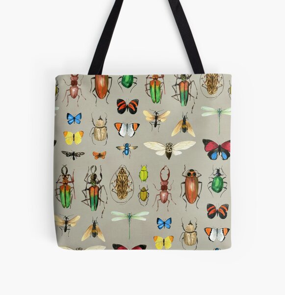 The Usual Suspects - Insects on grey - watercolour bugs pattern by Cecca Designs All Over Print Tote Bag