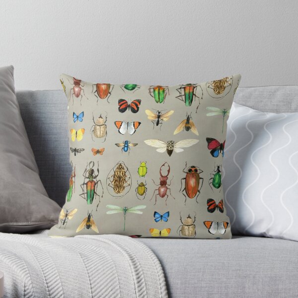 The Usual Suspects - Insects on grey - watercolour bugs pattern by Cecca Designs Throw Pillow