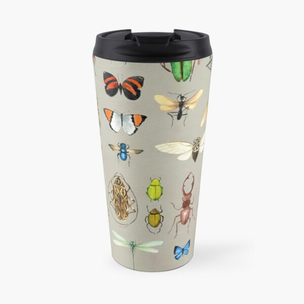 The Usual Suspects - Insects on grey - watercolour bugs pattern by Cecca Designs Travel Mug