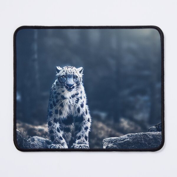 Item preview, Large wild snow leopard standing in a snow forest meadow landscape, computer AI generated art designed and sold by SvetlanaSF.