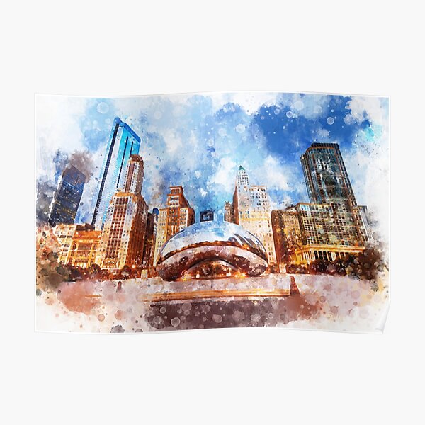 Millennium Park Chicago Fall Watercolor Print Chicago Bean Travel Poster Cloud Gate Chicago Watercolor Painting
