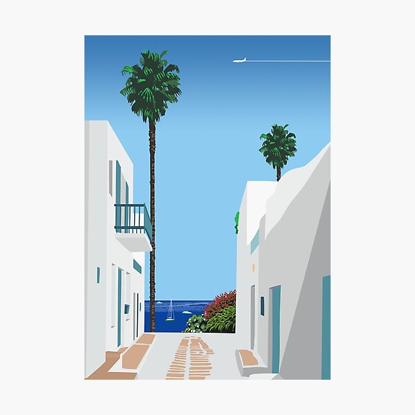 Santorini, Greece - City Pop art, Hiroshi Nagai style poster, retrowave/vaporwave poster Photographic Print