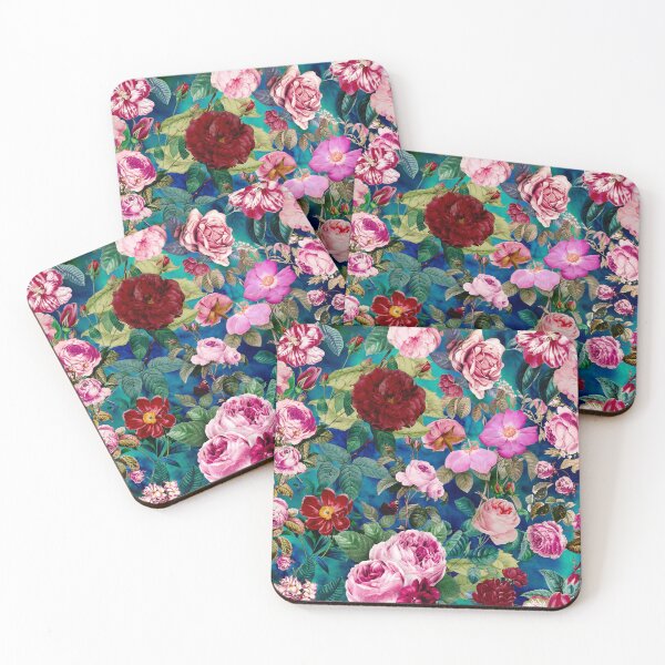 Item preview, Vintage floral pink roses And fuchsia flowers exotic garden, botanical illustration, blue floral pattern  designed and sold by ZeinabTaha.