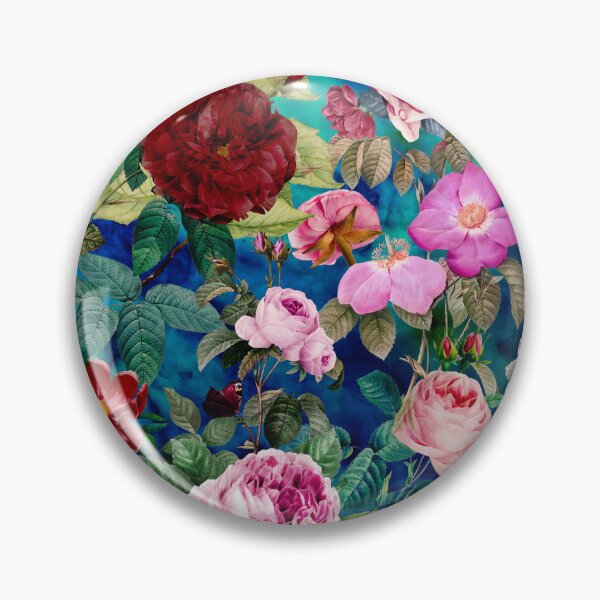 Artikelvorschau, Vintage Blumen rosa Rosen und Fuchsia Blumen exotischen Garten, botanische Illustration, blaues Blumenmuster entworfen und verkauft von ZeinabTaha.