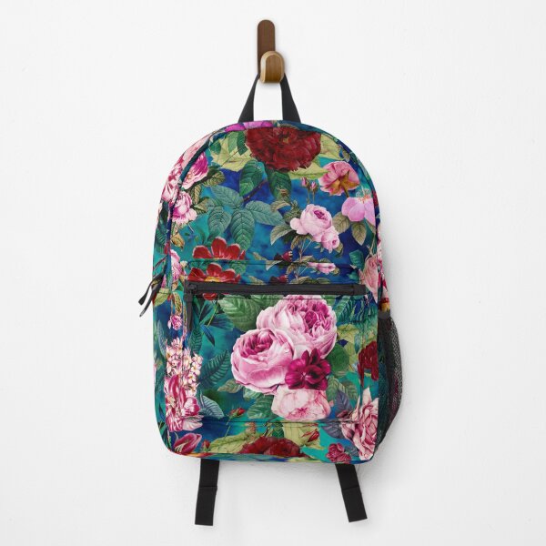 Artikelvorschau, Vintage Blumen rosa Rosen und Fuchsia Blumen exotischen Garten, botanische Illustration, blaues Blumenmuster entworfen und verkauft von ZeinabTaha.
