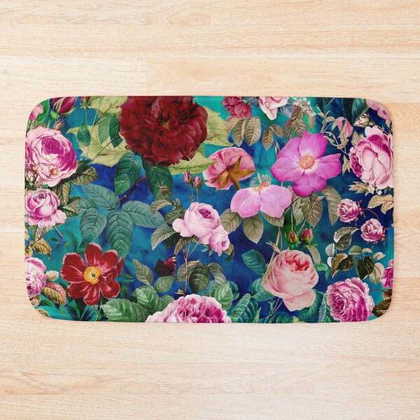 Artikelvorschau, Vintage Blumen rosa Rosen und Fuchsia Blumen exotischen Garten, botanische Illustration, blaues Blumenmuster entworfen und verkauft von ZeinabTaha.