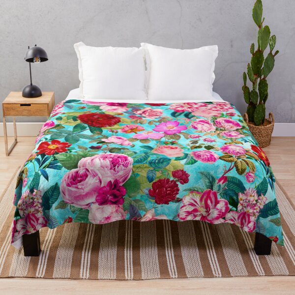 Item preview, Vintage floral pink roses And fuchsia flowers exotic garden, botanical illustration, aqua blue floral pattern designed and sold by ZeinabTaha.