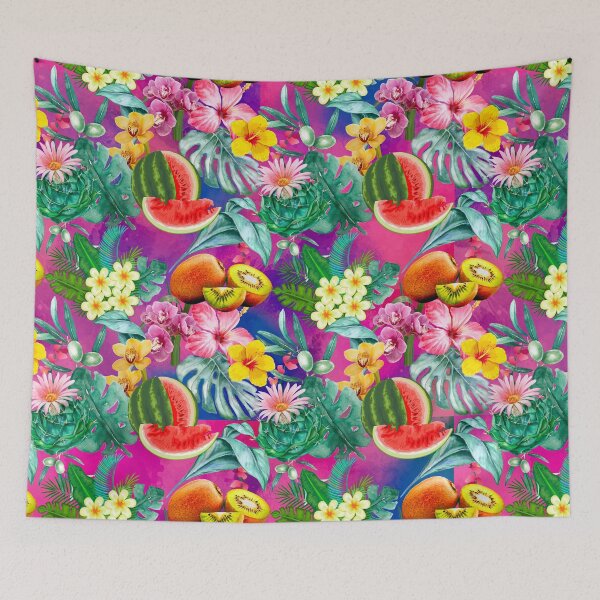 Item preview, Tropical watermelon exotic botanical illustration, coconuts, watermelons, floral tropical fruits,botanical pattern, pink fuchsia fruit pattern designed and sold by ZeinabTaha.