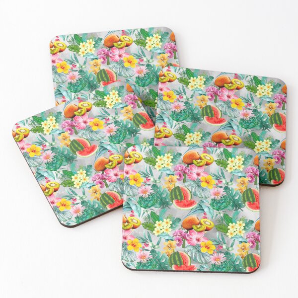 Item preview, Tropical watermelon exotic botanical illustration, coconuts, watermelons, floral tropical fruits, botanical pattern, grey fruit pattern designed and sold by ZeinabTaha.