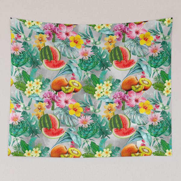Item preview, Tropical watermelon exotic botanical illustration, coconuts, watermelons, floral tropical fruits, botanical pattern, grey fruit pattern designed and sold by ZeinabTaha.