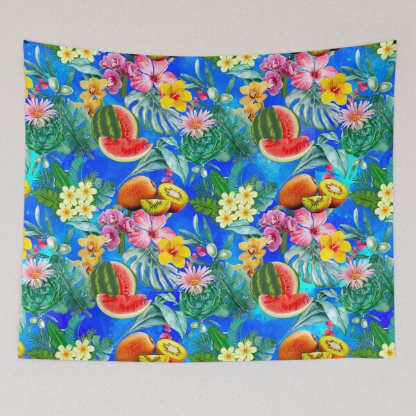 Item preview, Tropical watermelon exotic botanical illustration, coconuts, watermelons, floral tropical fruits, botanical pattern, blue fruit pattern designed and sold by ZeinabTaha.