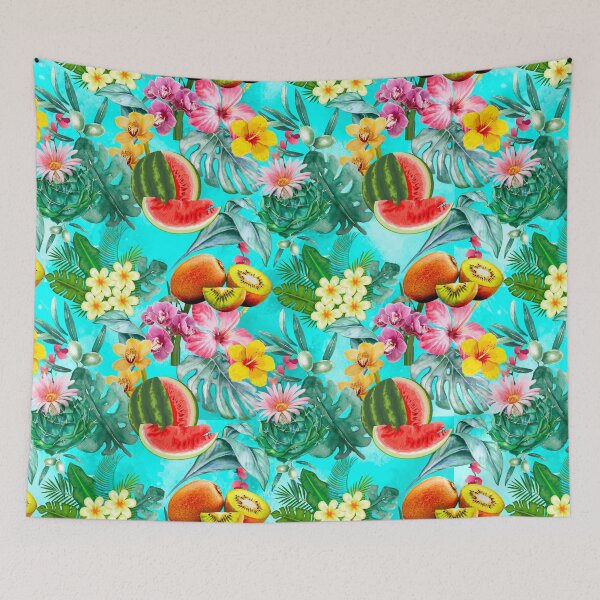 Item preview, Tropical watermelon exotic botanical illustration, coconuts, watermelons, floral tropical fruits, botanical pattern, turquoise fruit pattern designed and sold by ZeinabTaha.