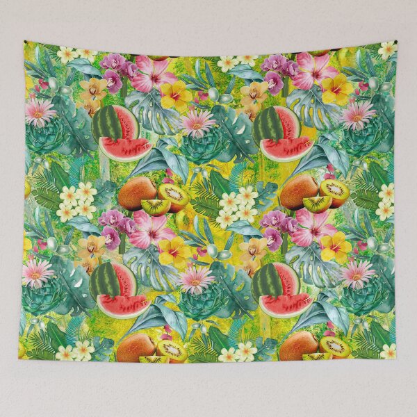 Item preview, Tropical watermelon exotic botanical illustration, coconuts, watermelons, floral tropical fruits, botanical pattern, yellow fruit pattern designed and sold by ZeinabTaha.