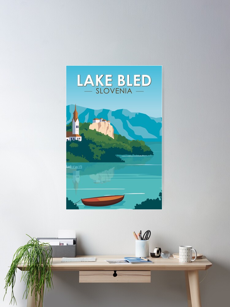 Thumbnail 2 of 3, Poster, Lake Bled Slovenia Travel Retro Travel Art Vintage designed and sold by KrisSidDesigns.