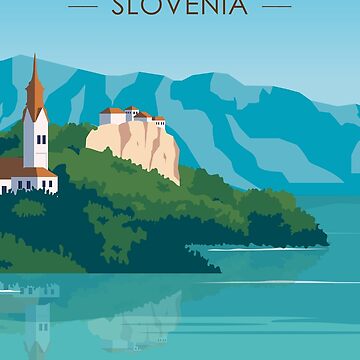 Artwork thumbnail, Lake Bled Slovenia Travel Retro Travel Art Vintage by KrisSidDesigns
