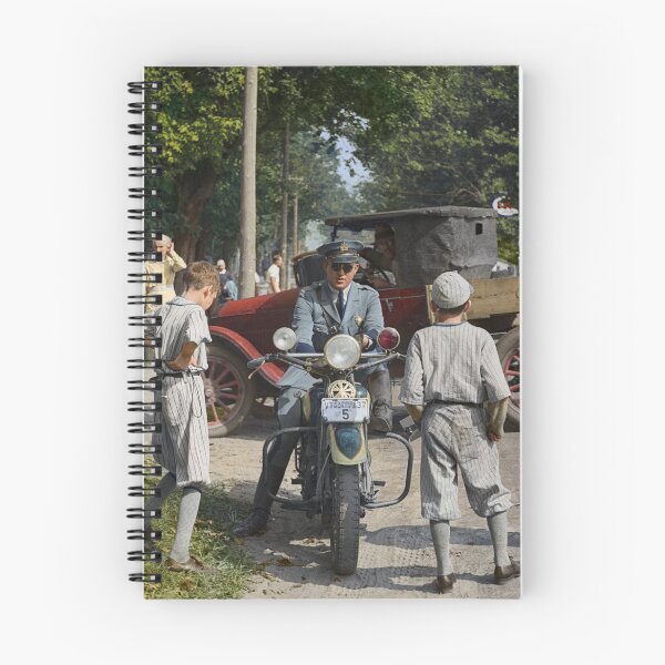 Item preview, State cop, his motorcycle, and admiring boys at the Fair in Albany, Vermont, 1936 designed and sold by Sanna Dullaway.