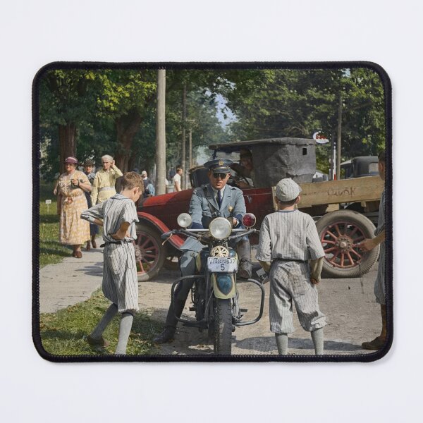 Item preview, State cop, his motorcycle, and admiring boys at the Fair in Albany, Vermont, 1936 designed and sold by Sanna Dullaway.