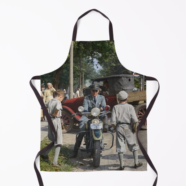 Item preview, State cop, his motorcycle, and admiring boys at the Fair in Albany, Vermont, 1936 designed and sold by Sanna Dullaway.