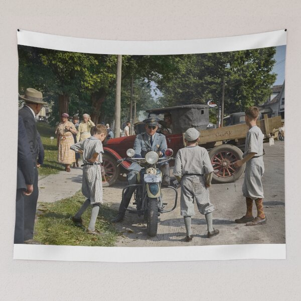 Item preview, State cop, his motorcycle, and admiring boys at the Fair in Albany, Vermont, 1936 designed and sold by Sanna Dullaway.