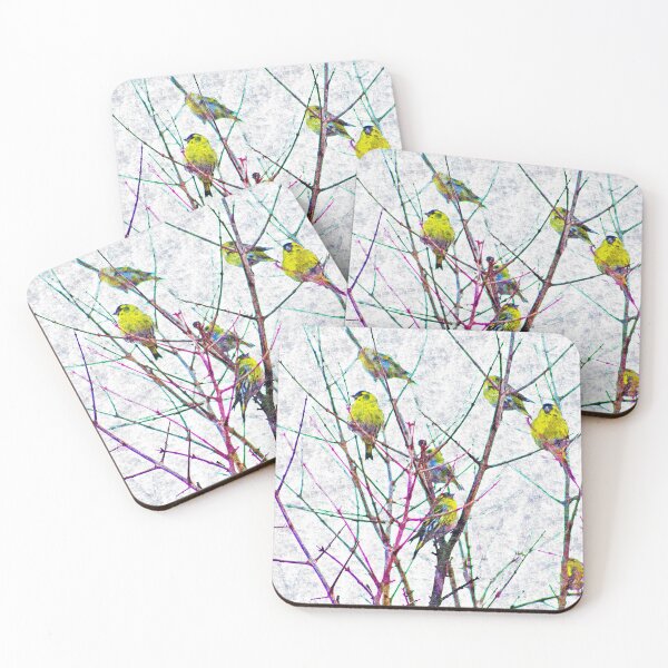 Item preview, Serins Yellow Birds Perching on Bare Tree Branches designed and sold by Anna Lemos.