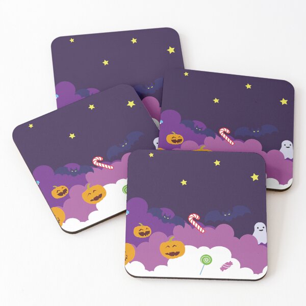 Item preview, Halloween background for party invitation, greeting card, web banner or Sales with candies in night clouds, cutest pumpkins, bats, ghosts on violet background. Paper cut style, digital craft style designed and sold by paolboa.