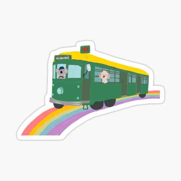 Aperçu de l'œuvre Tramway de Melbourne avec un koala et un chien sur un arc-en-ciel par Suki McMaster créée et vendue par Suki McMaster.