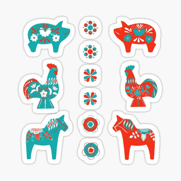 Folk Art - Swedish Dala Animal Farm Pattern - Red Turq Sticker