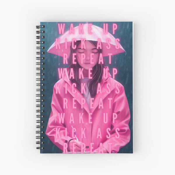 Item preview, Wake up, kick ass, repeat girl power female empowerment young woman in pink with umbrella and note pad famous quotes poster / posters designed and sold by Jéanpaul  Ferro.