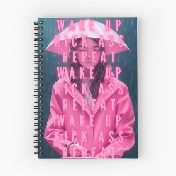 Item preview, Wake up, kick ass, repeat girl power female empowerment young woman in pink with umbrella and note pad famous quotes poster / posters designed and sold by Jéanpaul  Ferro.