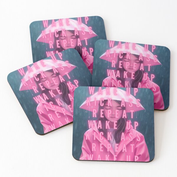 Item preview, Wake up, kick ass, repeat girl power female empowerment young woman in pink with umbrella and note pad famous quotes poster / posters designed and sold by Jéanpaul  Ferro.