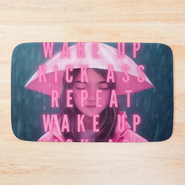 Item preview, Wake up, kick ass, repeat girl power female empowerment young woman in pink with umbrella and note pad famous quotes poster / posters designed and sold by Jéanpaul  Ferro.