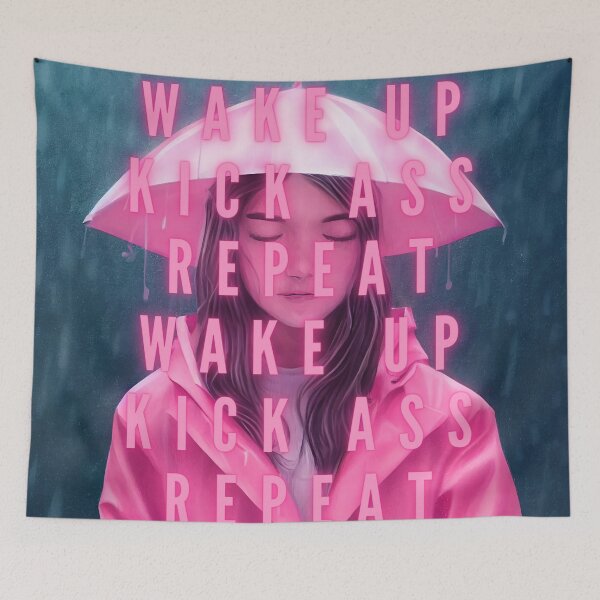 Item preview, Wake up, kick ass, repeat girl power female empowerment young woman in pink with umbrella and note pad famous quotes poster / posters designed and sold by Jéanpaul  Ferro.
