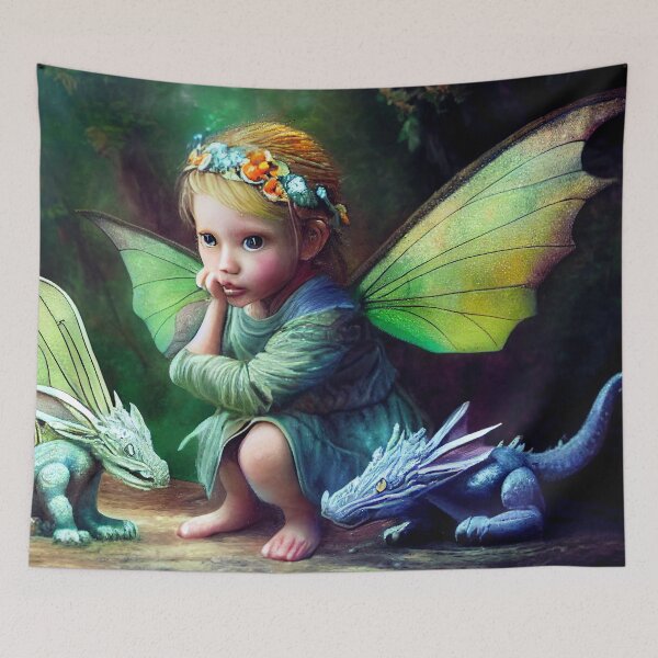 Item preview, Faerie Child Befriending Baby Dragons designed and sold by fairytailsaiart.