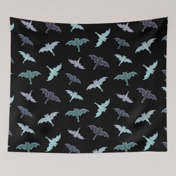 Item preview, sticker set | 7 cute blue-grey and teal blue-green flying bats from my drawing | repeating pattern | Halloween designed and sold by DigitalEurydice.