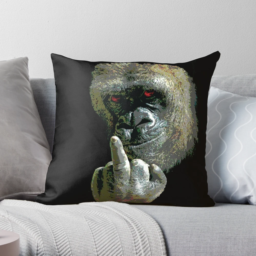 Throw Pillow young gorilla sticking up its middle finger 