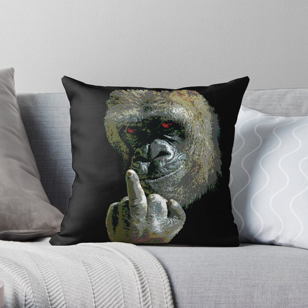 Throw Pillow young gorilla sticking up its middle finger 