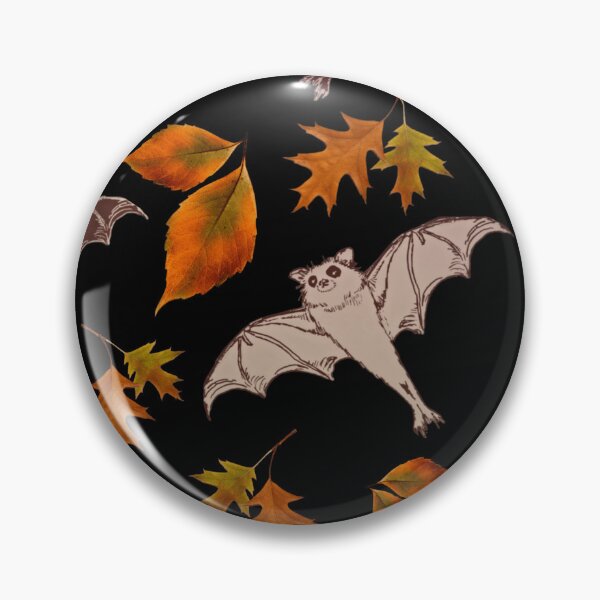 Item preview, cute brown flying bats from my drawing, frolicking among red-orange falling autumn leaves | repeating pattern on black | Halloween designed and sold by DigitalEurydice.