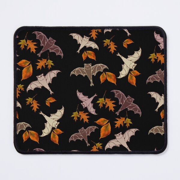 Item preview, cute brown flying bats from my drawing, frolicking among red-orange falling autumn leaves | repeating pattern on black | Halloween designed and sold by DigitalEurydice.
