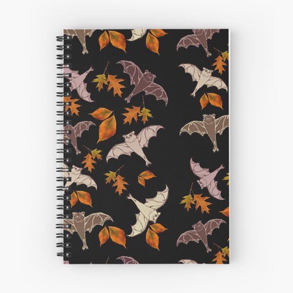 Item preview, cute brown flying bats from my drawing, frolicking among red-orange falling autumn leaves | repeating pattern on black | Halloween designed and sold by DigitalEurydice.