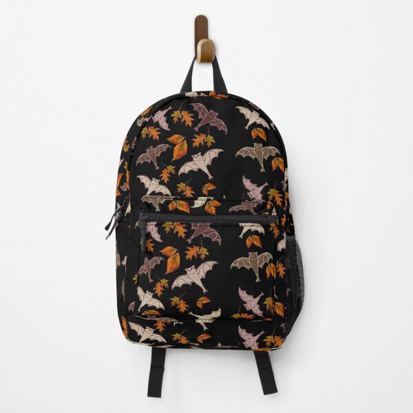 Item preview, cute brown flying bats from my drawing, frolicking among red-orange falling autumn leaves | repeating pattern on black | Halloween designed and sold by DigitalEurydice.