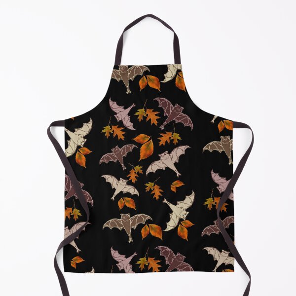 Item preview, cute brown flying bats from my drawing, frolicking among red-orange falling autumn leaves | repeating pattern on black | Halloween designed and sold by DigitalEurydice.