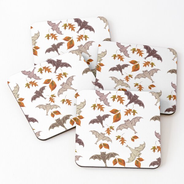 Item preview, cute brown flying bats from my drawing, frolicking among red-orange falling autumn leaves | repeating pattern on white | Halloween designed and sold by DigitalEurydice.