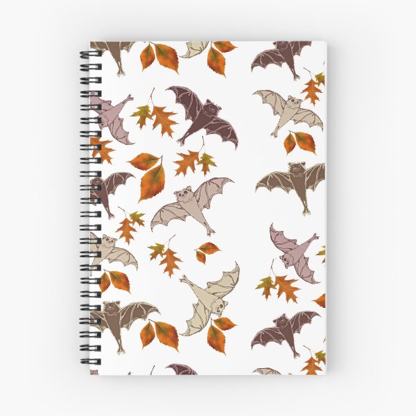 Item preview, cute brown flying bats from my drawing, frolicking among red-orange falling autumn leaves | repeating pattern on white | Halloween designed and sold by DigitalEurydice.