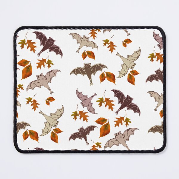 Item preview, cute brown flying bats from my drawing, frolicking among red-orange falling autumn leaves | repeating pattern on white | Halloween designed and sold by DigitalEurydice.