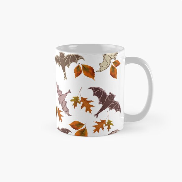 Item preview, cute brown flying bats from my drawing, frolicking among red-orange falling autumn leaves | repeating pattern on white | Halloween designed and sold by DigitalEurydice.