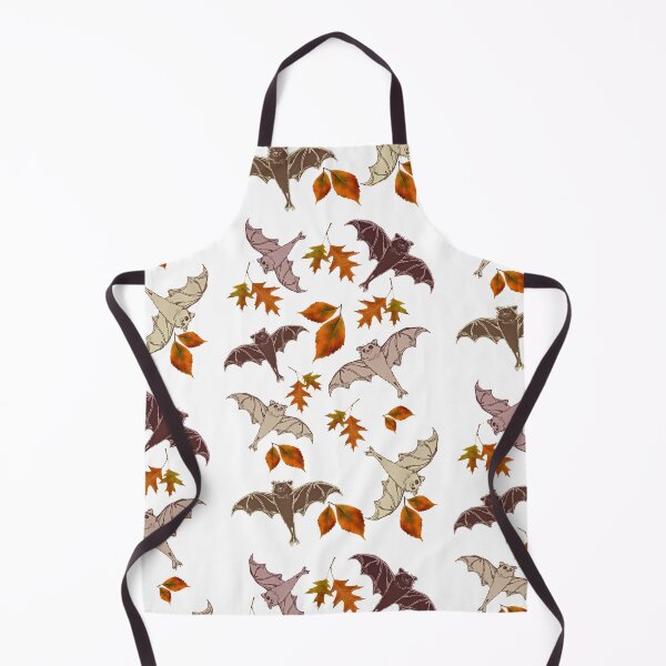 Item preview, cute brown flying bats from my drawing, frolicking among red-orange falling autumn leaves | repeating pattern on white | Halloween designed and sold by DigitalEurydice.