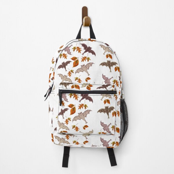 Item preview, cute brown flying bats from my drawing, frolicking among red-orange falling autumn leaves | repeating pattern on white | Halloween designed and sold by DigitalEurydice.