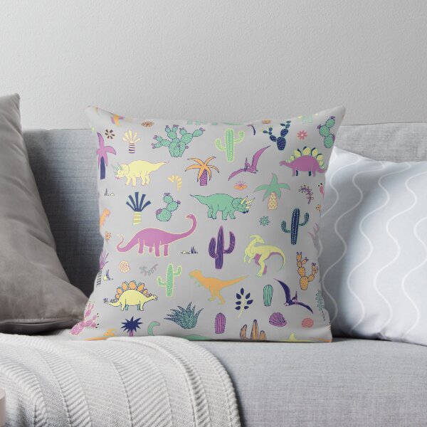 Dinosaur Desert - peach, mint and navy - fun pattern by Cecca Designs Throw Pillow