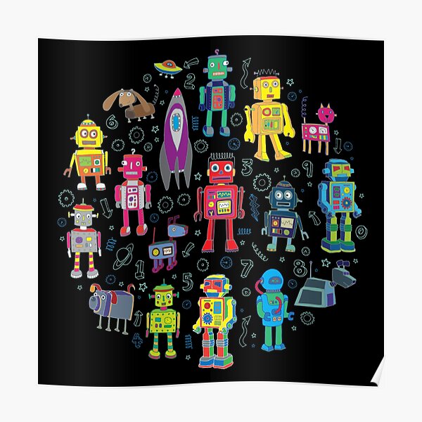 Robots in Space - black - fun pattern by Cecca Designs Poster