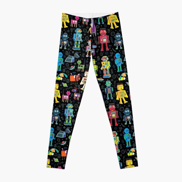 Robots in Space - black - fun pattern by Cecca Designs Leggings